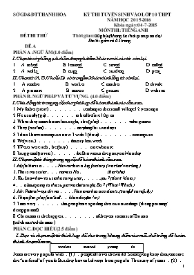 Đề thi thử tuyển sinh vào Lớp 10 THPT môn Tiếng Anh - Đề A - Năm học 2015-2016 - Sở GD & ĐT Thanh Hóa