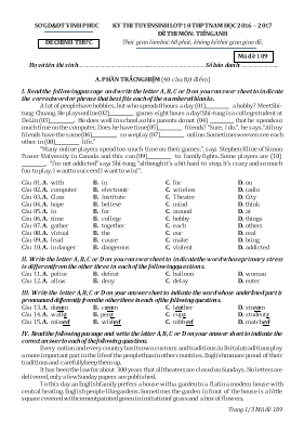 Đề thi tuyển sinh Lớp 10 THPT môn Tiếng Anh - Mã đề 109 - Năm học 2016-2017 - Sở GD & ĐT Vĩnh Phúc
