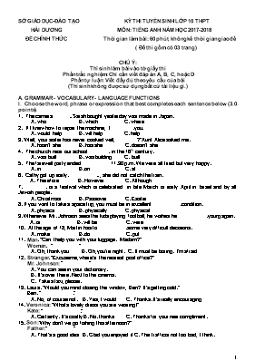 Đề thi tuyển sinh Lớp 10 THPT môn Tiếng Anh - Năm học 2017-2018 - Sở GD & ĐT Hải Dương