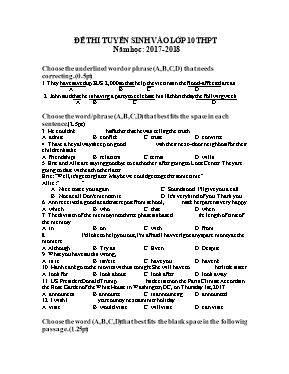Đề thi tuyển sinh vào Lớp 10 THPT môn Tiếng Anh - Năm học 2017-2018 - Trường THPT Duy Tân