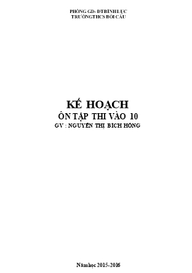 Kế hoạch ôn tập thi vào Lớp 10 môn Tiếng Anh - Nguyễn Thị Bích Hồng